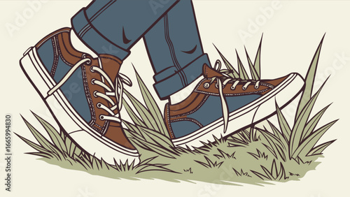 Walking in style casual shoes sneakers footwear fashion lifestyle grass outdoors adventure illustration