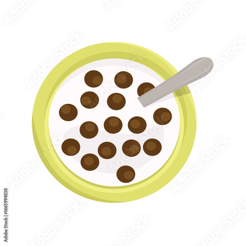 Chocolate ball cereal. Bowl of milk and cereal.