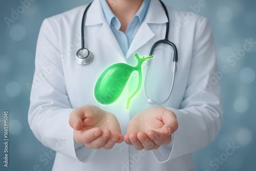 Doctor showcases glowing green gallbladder with stethoscope