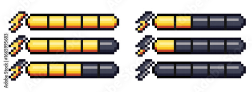 Pixel art style retro game energy bar with lightning isolated on transparent background. Collection of 8-bit progress bar for video game assets. Vector illustration.