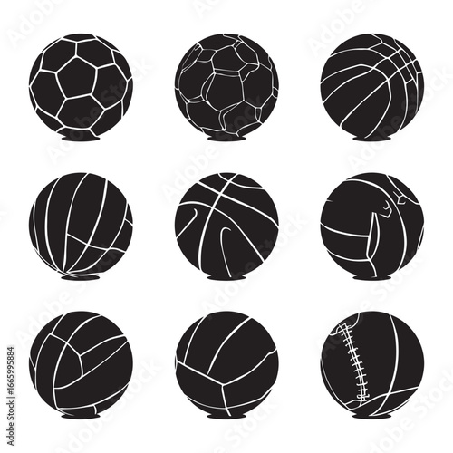 set of black various Sports Balls vector silhouettes isolated on white background
