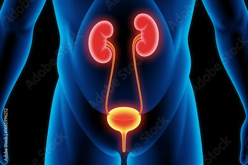 professional rendering of the urinary tract showing kidneys ureters and bladder in the lower abdomen for urinary system anatomy healthcare and education