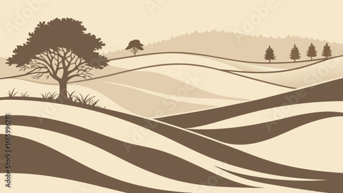 Scenic landscape vector illustration with rolling hills trees and nature for graphic design element usage