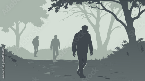 Foggy forest landscape with walking people silhouettes for nature scene and outdoor activity concept design vector