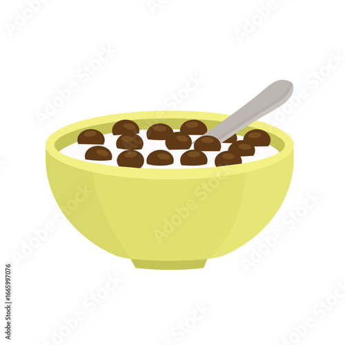 Chocoball cereal. Crunchy snack with milk. Bowl of milk and chocolate ball.