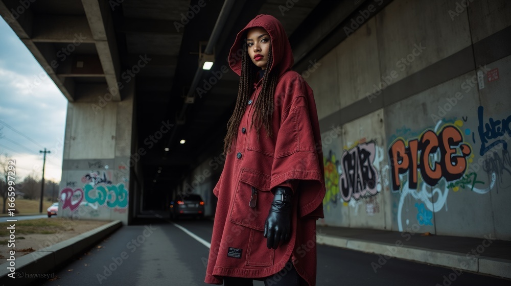 Fototapeta premium Stylish young woman in red hooded coat in urban underpass with graffiti