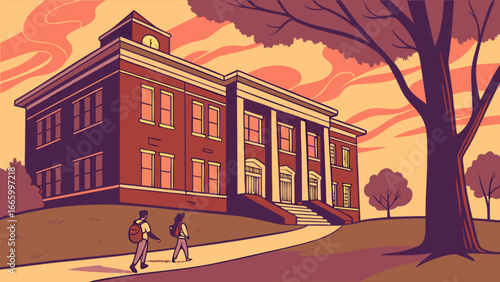 College campus building with students walking on path towards university education and learning institution view