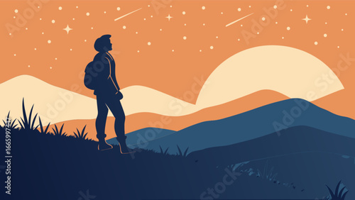 Silhouette hiker backpacking stargazing landscape vector illustration for travel and adventure concept art