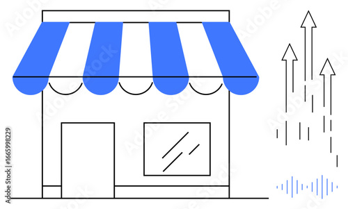 Blue-roofed storefront next to upward arrows symbolizing growth, progress, and development. Ideal for commerce, retail, entrepreneurship, online business, success strategy funding. Simple flat