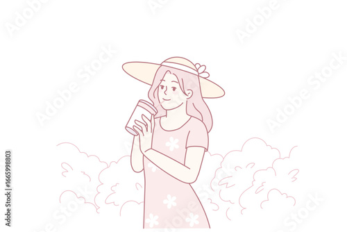 Happy young woman enjoy summer drink cold refreshing drink walking in park. Smiling girl in summertime wear having hydrating cooling juice or cocktail. Refreshment. Vector illustration.