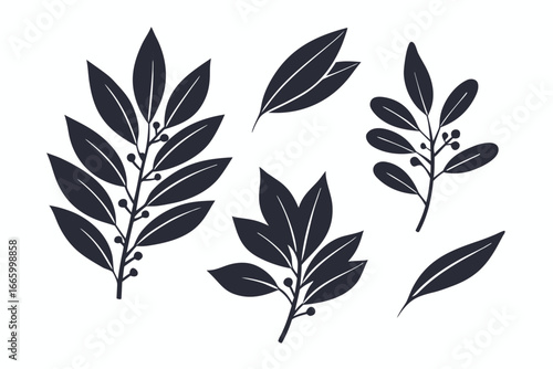 Assorted Leafy Branches Silhouette Graphics on White Background Elemental Set