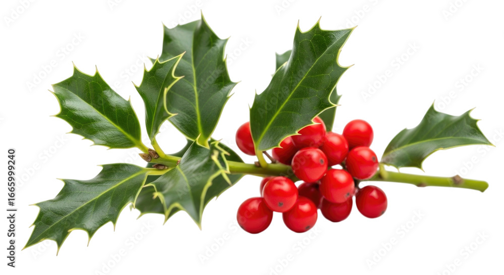 Obraz premium Holly branch with bright red berries and glossy green leaves cutout isolated on transparent bg, png