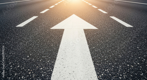 Wide, empty road with a large white painted arrow pointing straight forward, symbolizing progress, future direction, and the path to success with a bright light on the horizon