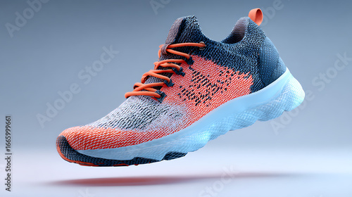 Illustration of a modern athletic shoe with a vibrant orange and blue color scheme, highlighting its innovative design, lightweight materials, and focus on performance and comfort