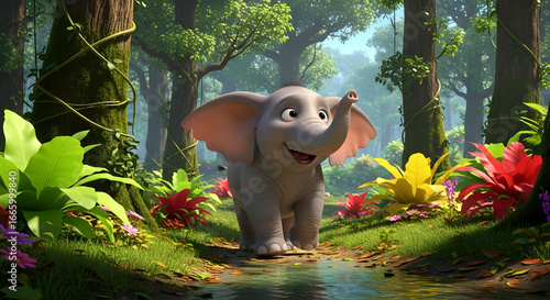 A captivating image showcasing a cartoon baby elephant joyfully frolicking through a lush forest brimming with vibrant flora and glistening streams, evoking a sense of lightheartedness and wonder