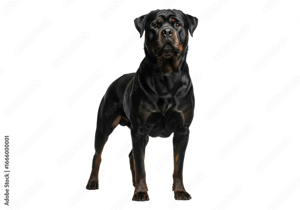 Obraz premium Powerful black rottweiler dog, sleek fur, muscular, watchful, stands alert on white studio background with dramatic lighting, concept of strength and vigilance