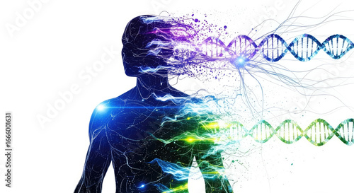 Abstract human figure dissolving into dna strands with vibrant colors on white background