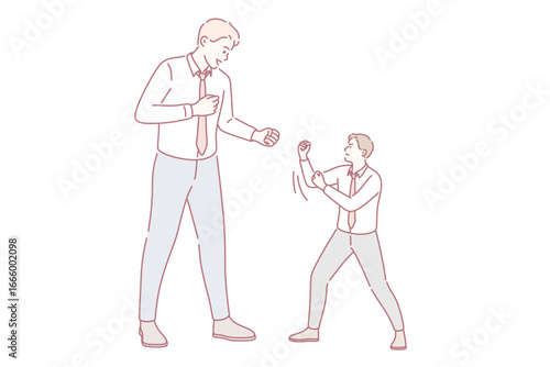Business rivalry and contest concept. Big and little businessmen standing towards each other fighting defending and beating vector illustration