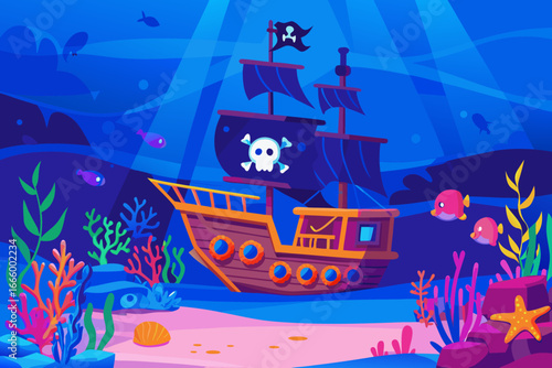 Pirate ship underwater ocean floor with coral reef and sea creatures surrounding it