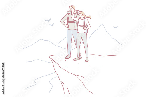Trip, adventure and summer vacations concept. Young happy couple cartoon characters standing with backpacks looking at scenery view from mountain top peak feeling freedom vector illustration