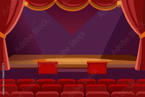 A cartoon theater stage with red curtains and empty seats in the audience
