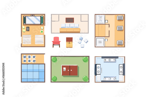 Top down view of various room layouts and furniture arrangements
