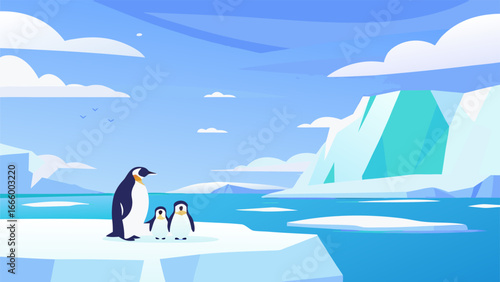 Penguin family on ice floe in Antarctica with iceberg and blue sky
