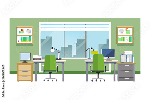 Modern office interior with desks computers chairs and city view from window