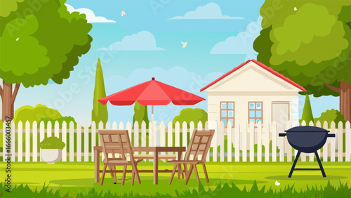 A cartoon backyard with a house patio furniture and a barbecue grill outside