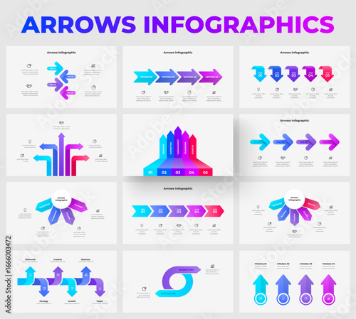 Set of arrow infographics showcasing modular layouts, suitable for business, strategy, and educational presentations. Ideal for conveying step-by-step processes