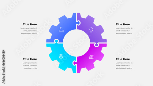 Multicolored segmented gear design infographic with icons representing business concepts and workflows, designed on a white background with placeholder titles and explanatory text included