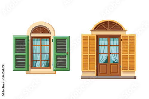 Two charming windows with open shutters and curtains one arched and one rectangular