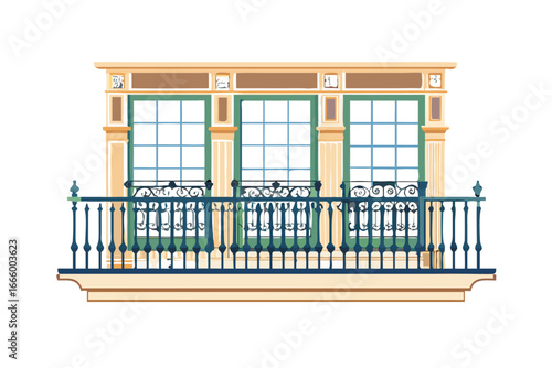 Ornate wrought iron balcony with green framed windows and decorative architectural details