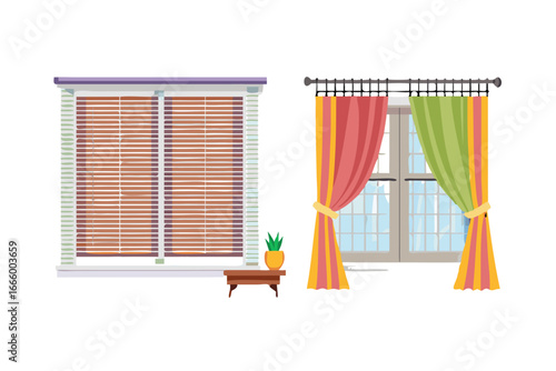 Two windows with different window treatments and a small plant on a table