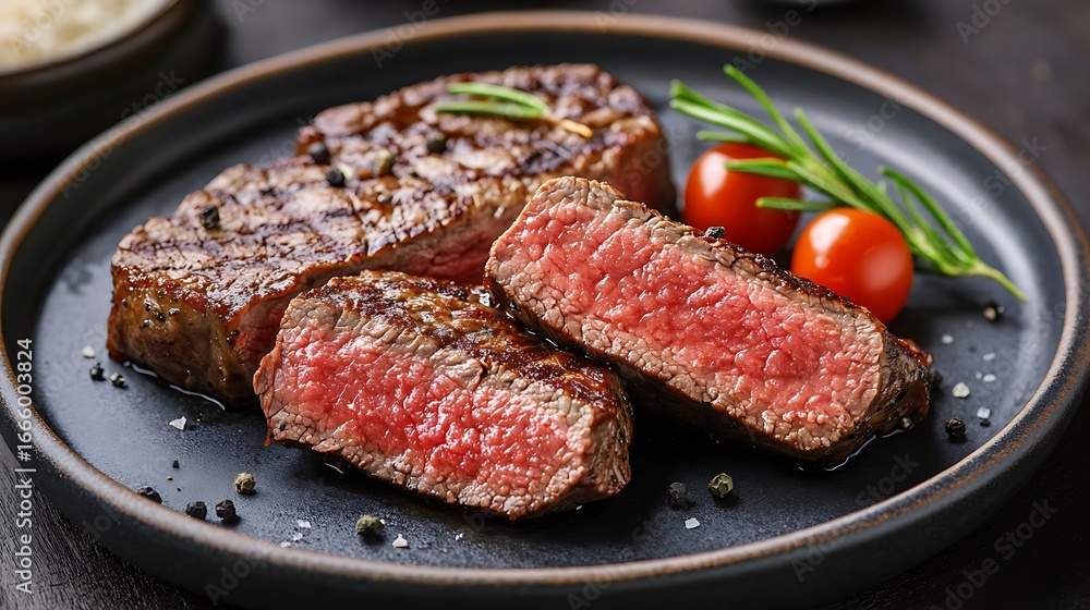 Beef steak cut on slices on a plate Beef steak cut on slices on a plate