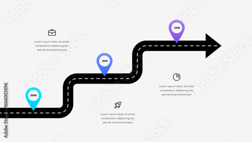 Illustration of a timeline roadmap diagram with key milestones, business icons, and year markers on a roadway path for organization, growth, project planning, and success visualization