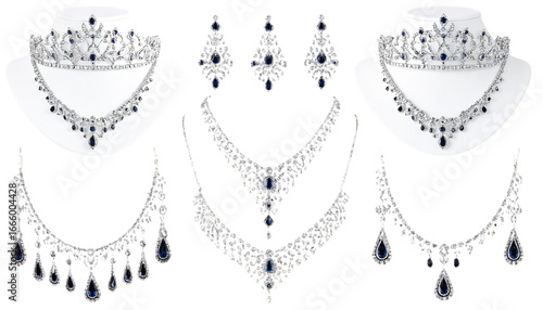 Sapphire diamond jewelry set, tiaras, necklaces on transparent background