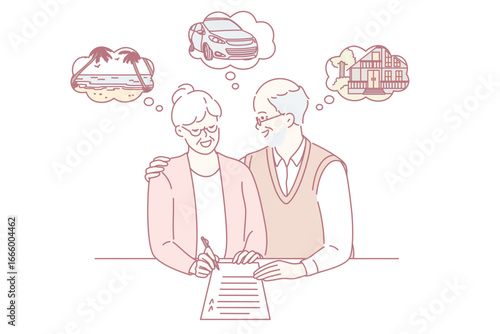 Happy retirement and planning vacations concept. Old mature couple man and woman standing signing document planning weekend together feeling happy vector illustration