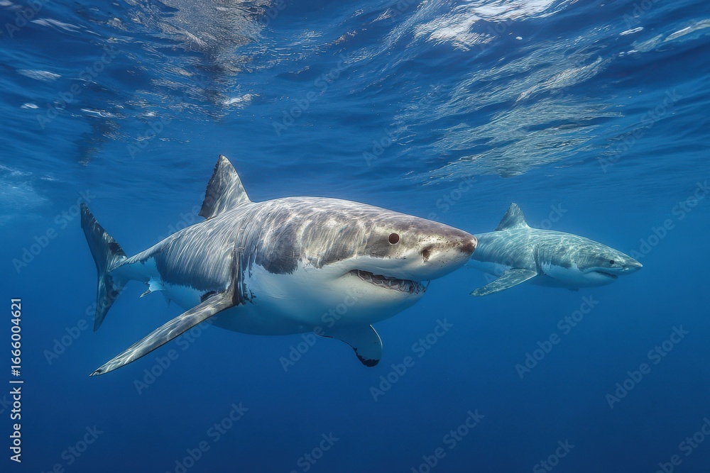 Fototapeta premium Great white sharks swimming together in the deep blue ocean showcasing realistic details of their powerful bodies and unique markings during a calm afternoon