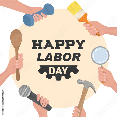 Happy Labor Day greeting card Professions tool Singer cooker Sport Repairing tools