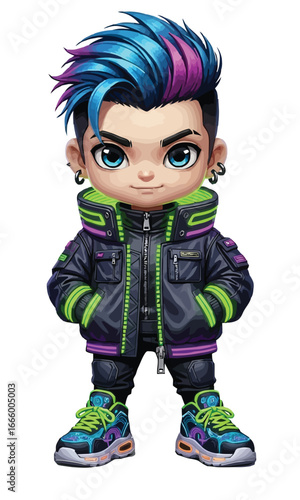 Full-body chibi girl in futuristic cyberpunk jacket and neon sneakers posing stylishly