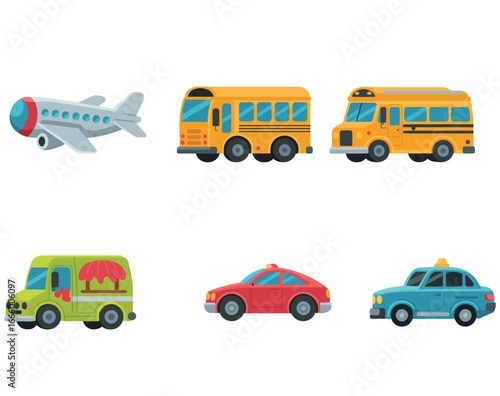 Collection of Diverse Transportation Vehicles Including Airplane, Buses, Food Truck, Car, and Taxi on a White Background