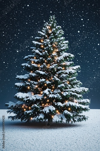 A Magical Winter Night: Snow-Covered Christmas Tree Underneath Starlit Sky