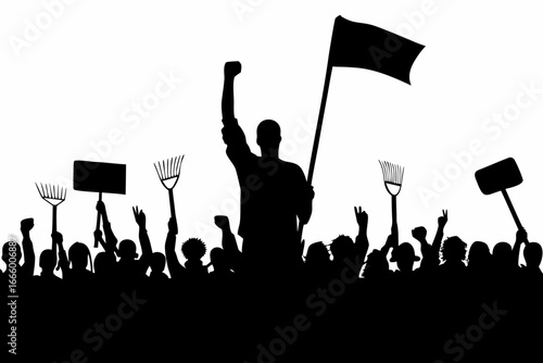 A group of people protesting with signs and a flag in silhouette