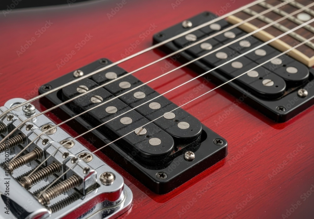 Fototapeta premium Detailed view of the guitar hardware features vibrant red, black and silver colors