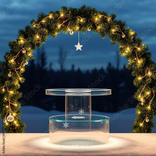 Winter Night Christmas Archway With Stacked Glass Pedestals garland evergreen