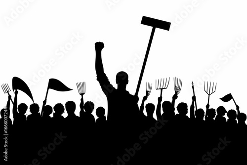 A crowd of people protesting with farm tools and flags in silhouette