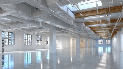 Bright, spacious, open-plan interior with exposed ductwork and high ceilings