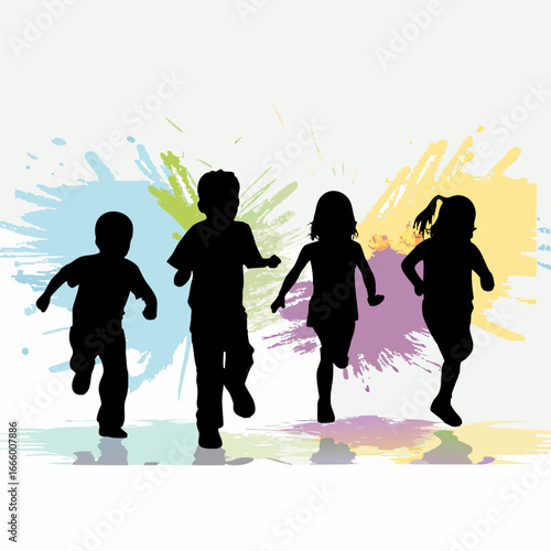 Children running together in silhouette against colorful paint splatters background