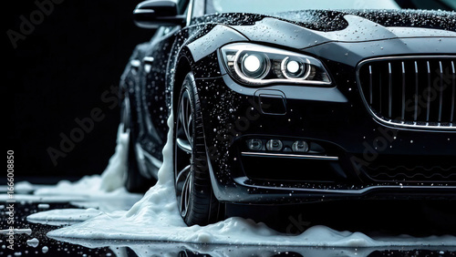 modern stylish black car in foam on a car wash on dark black background with copy space. car care banner with place for text minimalism. no people. self-service car wash. 
